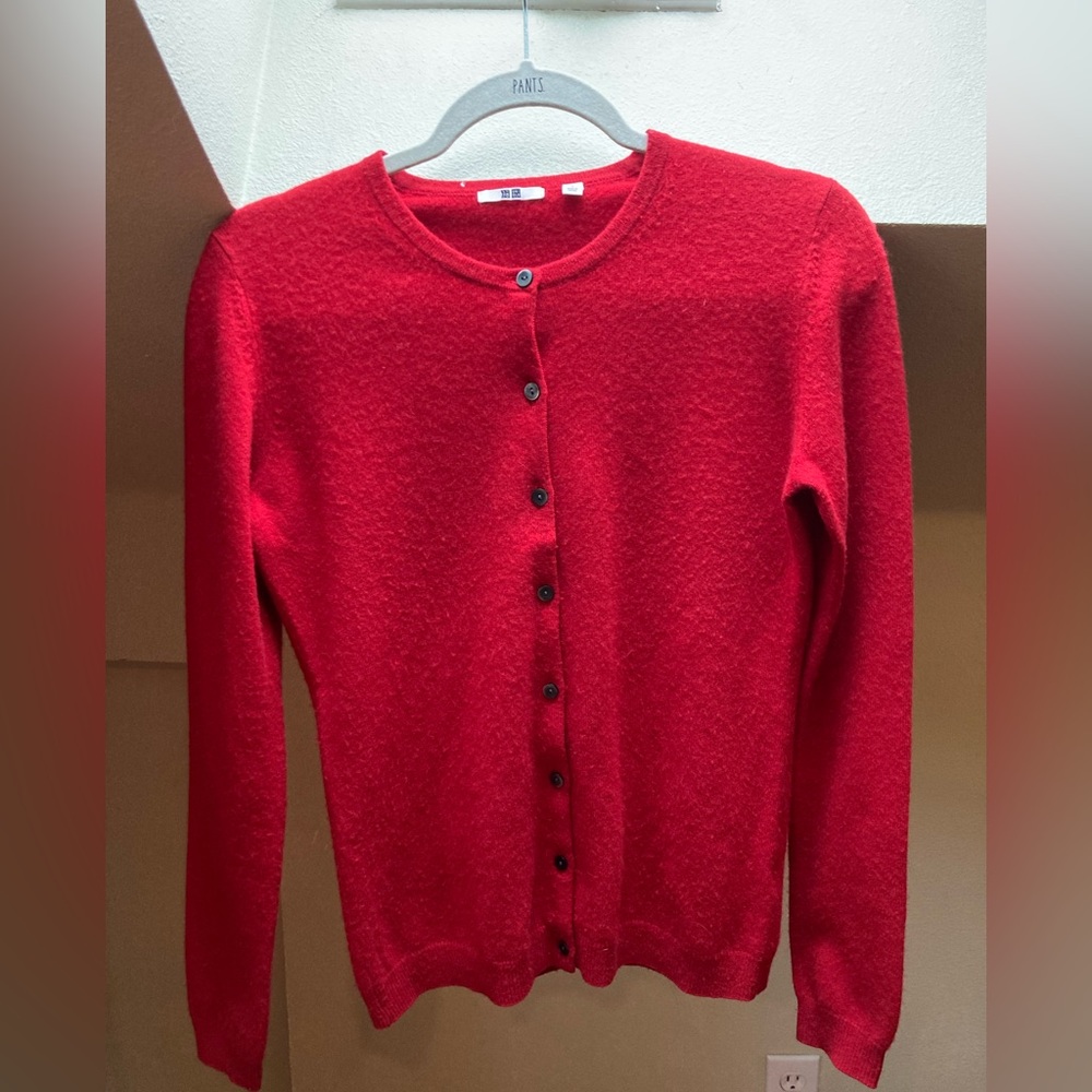 UNIQLO Red Cashmere Cardigan, Size Small.